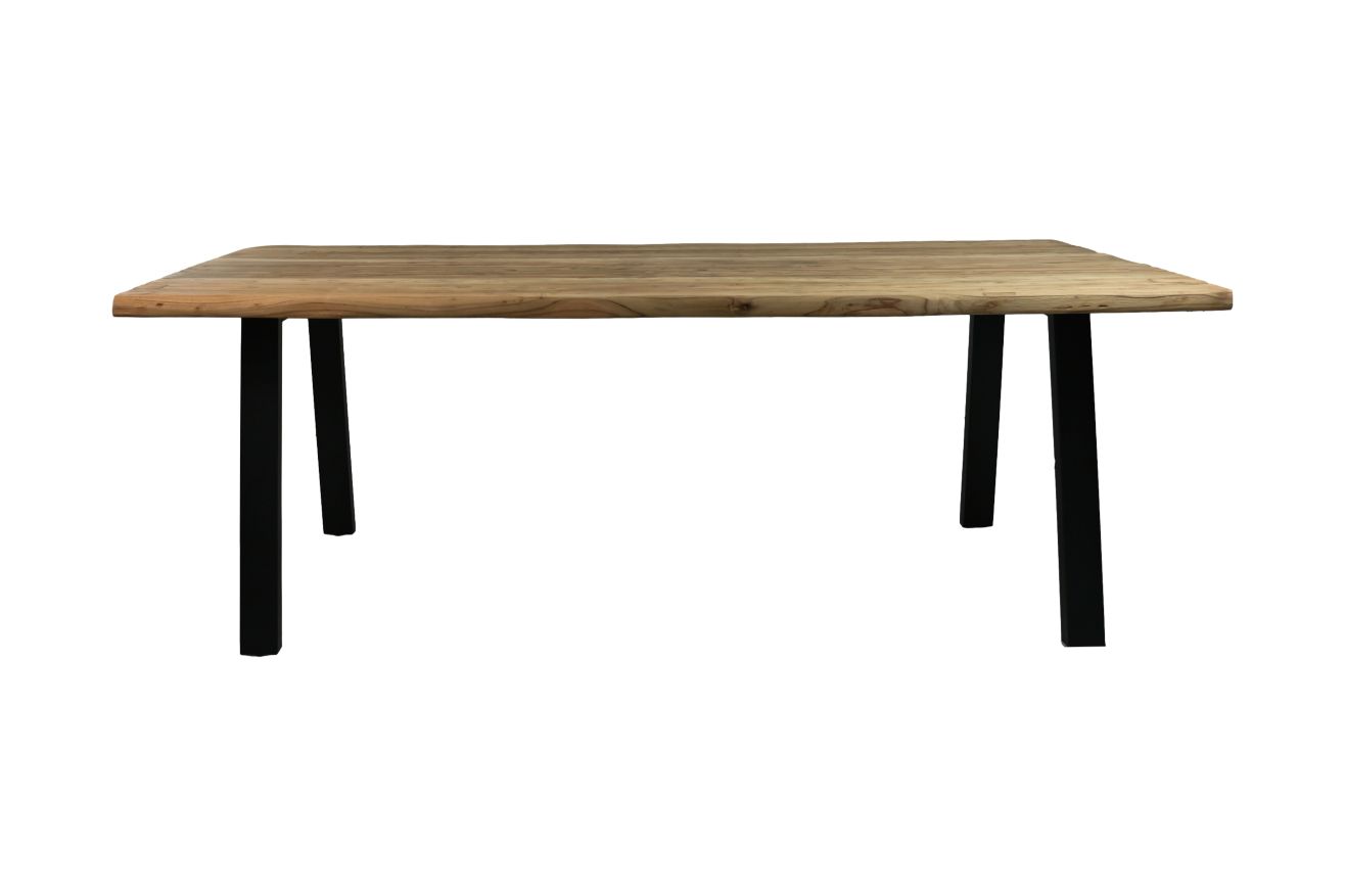 Table à manger teck semi rustique - 240x100x76 cm - Naturel/noir - Teck/métal