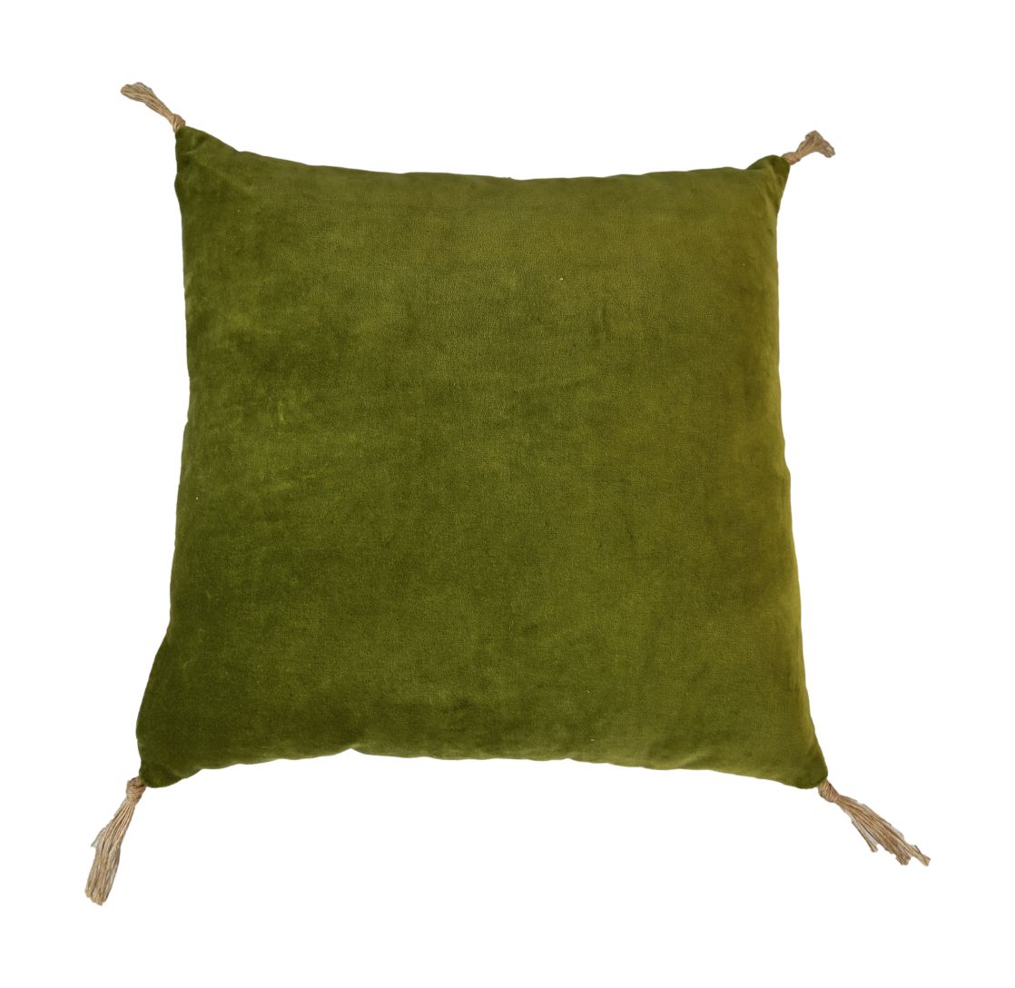 Coussin à pompons - 45x45 - Vert olive/or - Velours