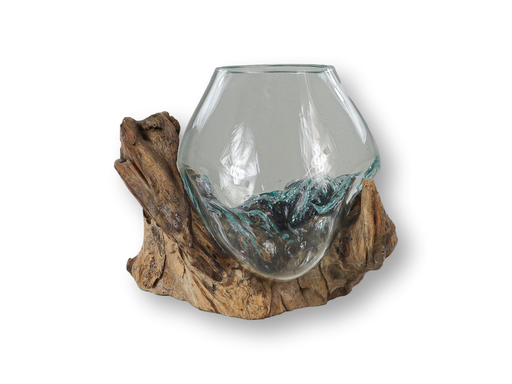 Vase en bois de teck sur pied - ø10x12 - Naturel - Teck/verre