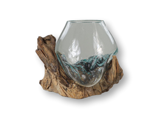 Vase en bois de teck sur pied - ø10x12 - Naturel - Teck/verre