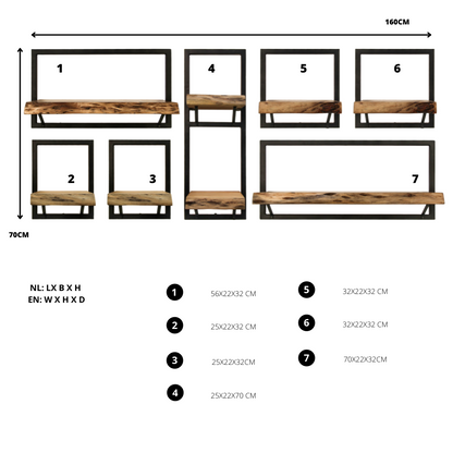 Etagères murales Levels Live Edge - 160x22x70 - Naturel/noir - Acacia/fer
