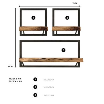 Etagères murales Levels Live Edge - 70x22x70 - Naturel/noir - Acacia/fer